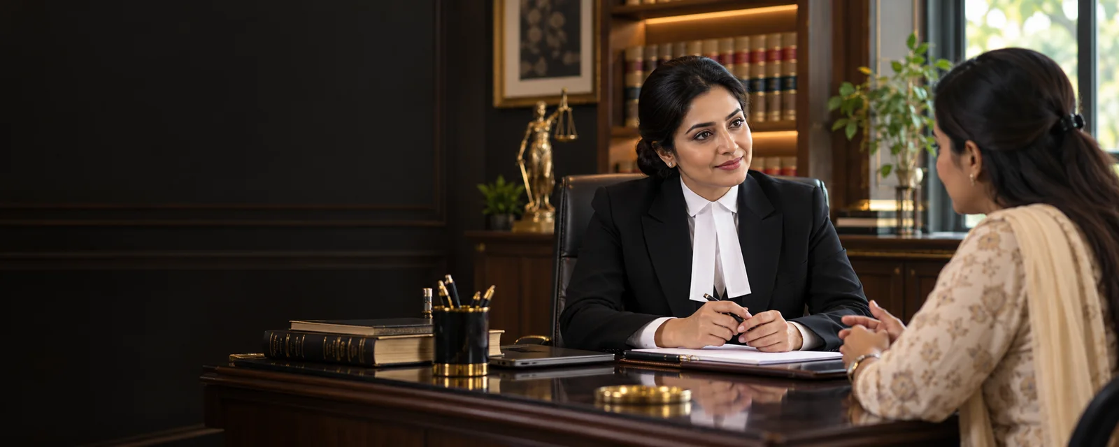 Illustrative Indian woman advocate listening to a client in a law office